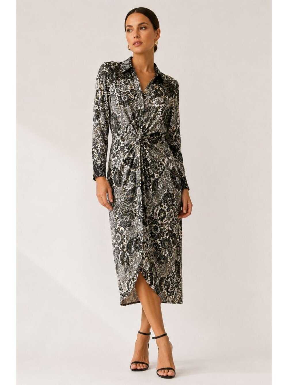 Le Superbe Ivory Black Paisley Twist Front Midi Dress Gold Foil Size 8